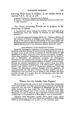 Where Are the Amelia Opie Papers? Much of the Pioneering Research Work on Amelia Opie, the Quaker Writer and Reformer, Was Done More Than Forty Years Ago