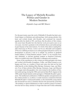 The Legacy of Michelle Rosaldo: Politics and Gender in Modern Societies Alejandro L Ugo and Bill Maurer
