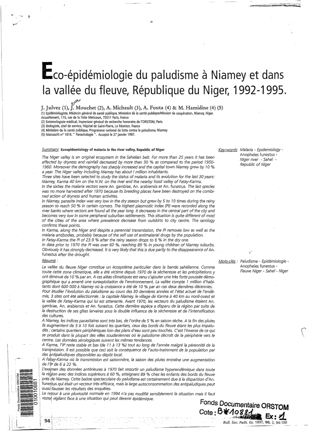 Eco-Épidémiologie Du Paludisme À Niamey Et Dans La Vallée Du Fleuve