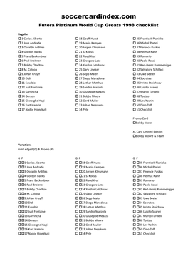 Futera Platinum World Cup Greats 1998 Checklist