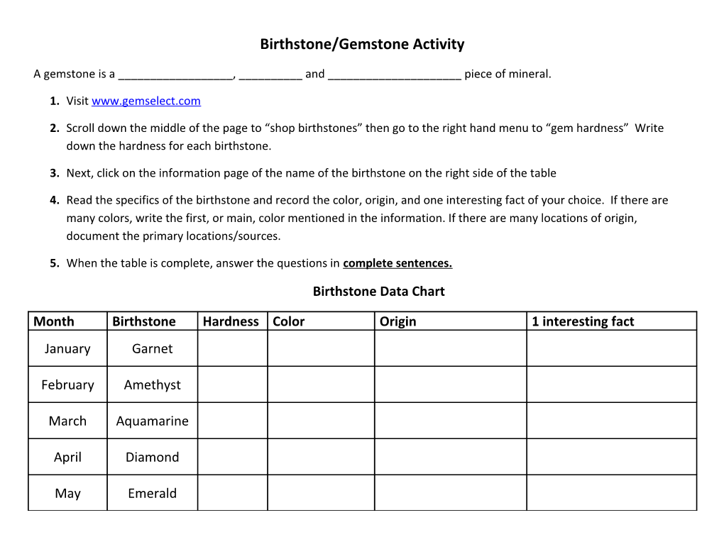 Birthstone/Gemstone Activity