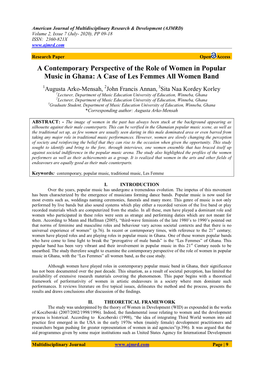 A Contemporary Perspective of the Role of Women in Popular Music in Ghana: a Case of Les Femmes All Women Band