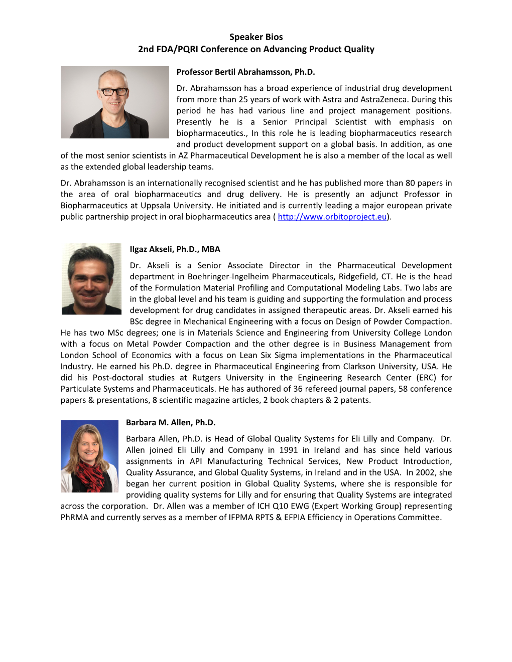 Speaker Bios 2Nd FDA/PQRI Conference on Advancing Product Quality