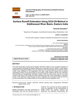 Surface Runoff Estimation Using SCS-CN Method in Siddheswari River Basin, Eastern India