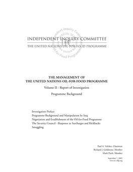 THE MANAGEMENT of the UNITED NATIONS OIL-FOR-FOOD PROGRAMME Volume II - Report of Investigation Programme Background