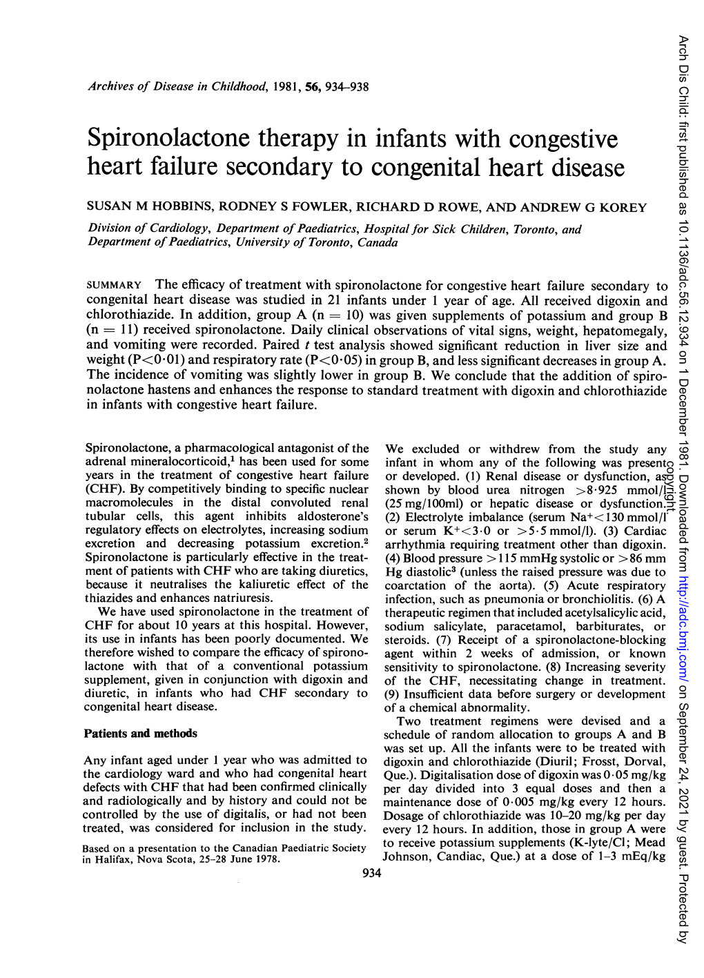 Spironolactone Therapy in Infants with Congestive Heart Failure Secondary to Congenital Heart Disease