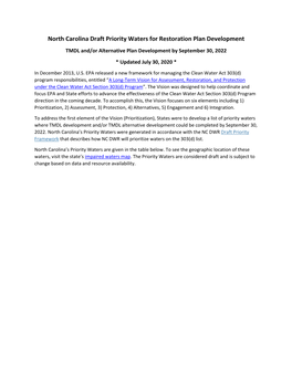 North Carolina Draft Priority Waters for Restoration Plan Development TMDL And/Or Alternative Plan Development by September 30, 2022 * Updated July 30, 2020 *