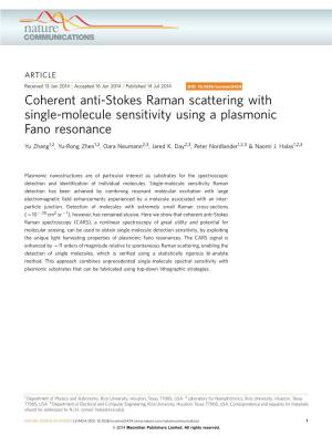 Coherent Anti-Stokes Raman Scattering with Single-Molecule Sensitivity Using a Plasmonic Fano Resonance