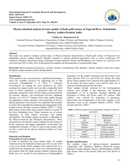 Physico-Chemical Analysis of Water Quality of Kalle Palli Estuary of Nagavali River, Srikakulam District, Andhra Pradesh, India