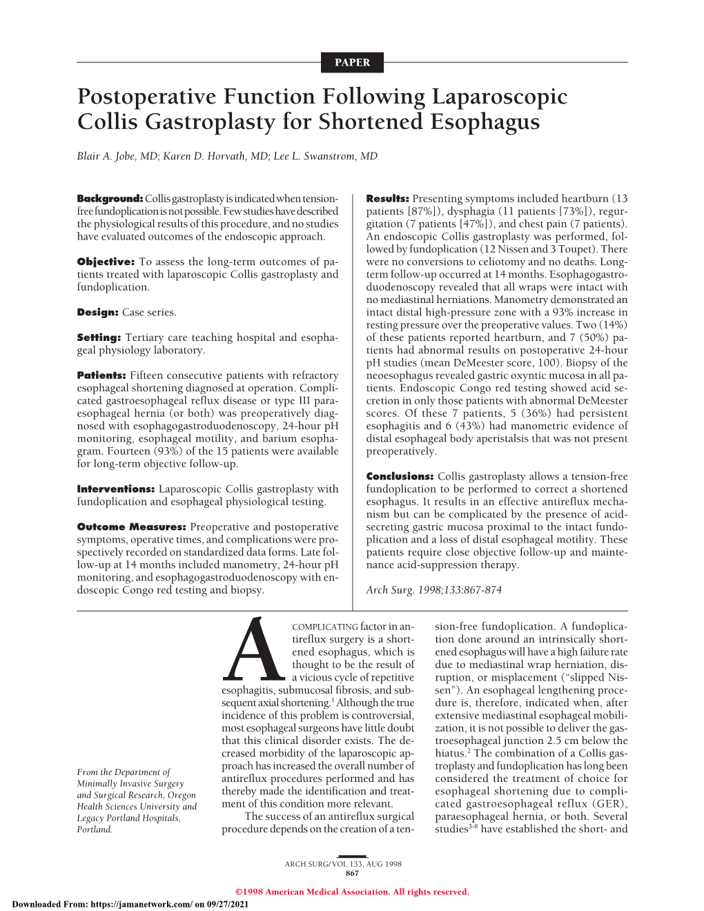 Postoperative Function Following Laparoscopic Collis Gastroplasty for Shortened Esophagus
