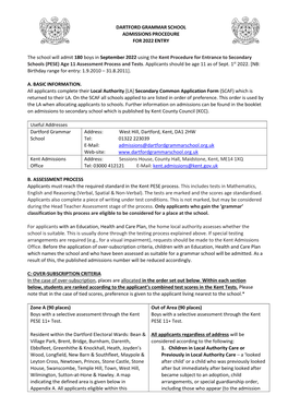 Dartford Grammar School Admissions Criteria 2022-2023