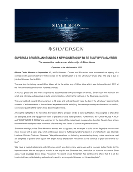 Silversea Cruises Ann...Sister Ship to Be Built by Fincantieri