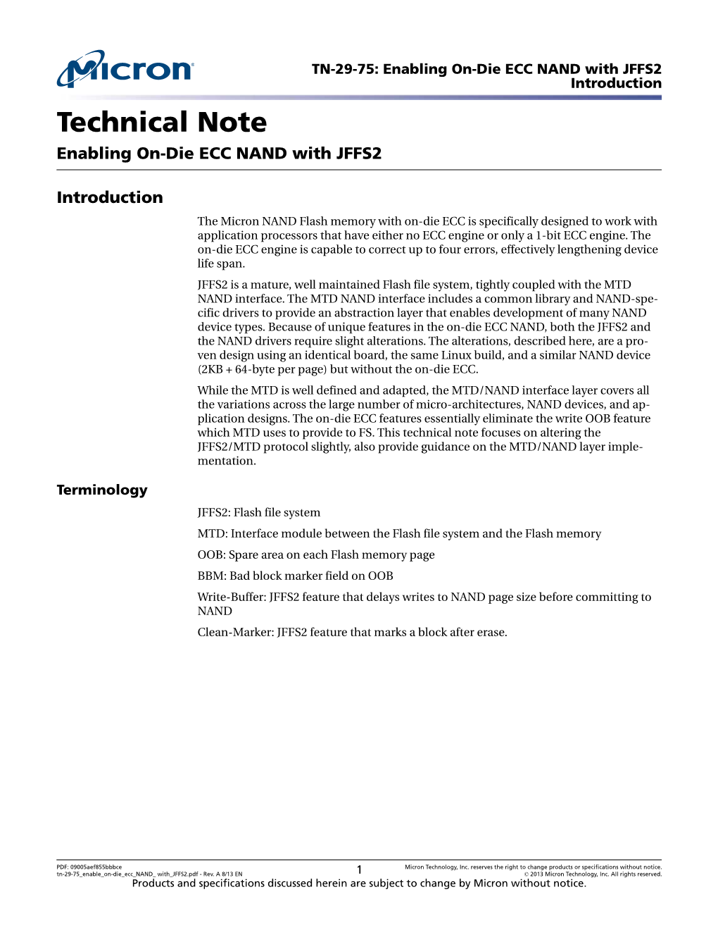 Enabling On-Die ECC NAND with JFFS2 Introduction Technical Note ...