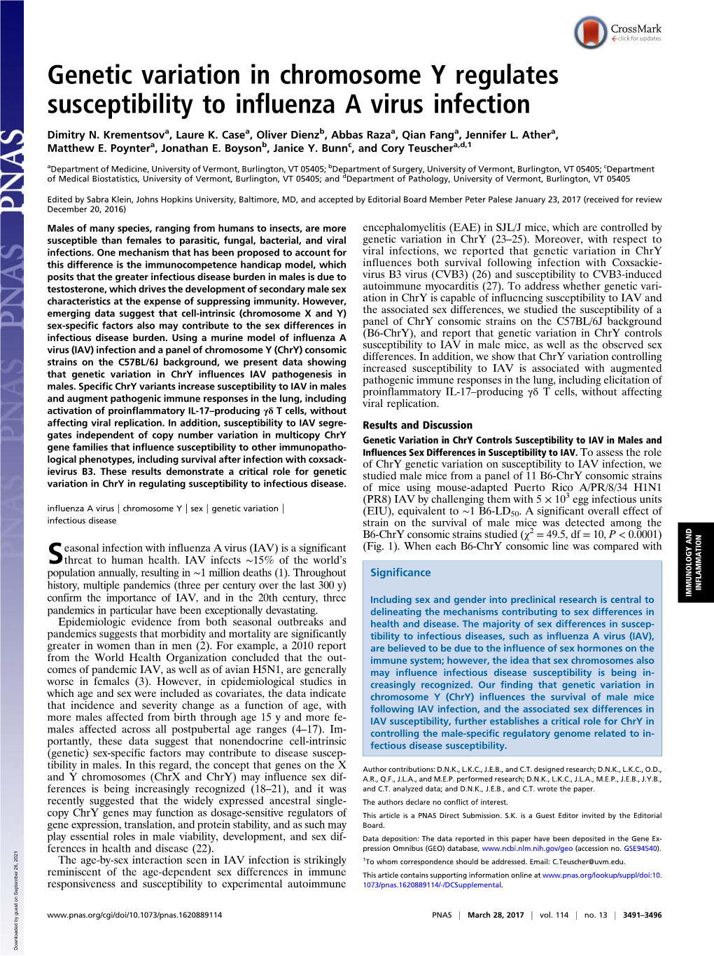 Genetic Variation in Chromosome Y Regulates Susceptibility to Influenza a Virus Infection