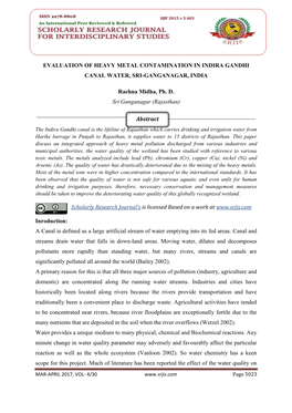 Evaluation of Heavy Metal Contamination in Indira Gandhi Canal Water, Sri-Ganganagar, India