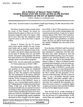 (U) a History of Secure Voice Codin~: Insights Drawn from the Career of One of Tile Earliest Practitioners of the Art of Speech Coding JOSEPH P