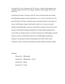 Pete Segall. the Voice of Chicago in the 20Th Century: a Selective Bibliographic Essay