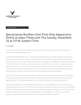 Special Jonas Brothers One-Time-Only Appearance Online at This Sunday, November 16 at 3 P.M