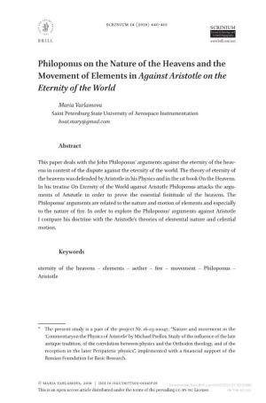 Philoponus on the Nature of the Heavens and the Movement of Elements in Against Aristotle on the Eternity of the World