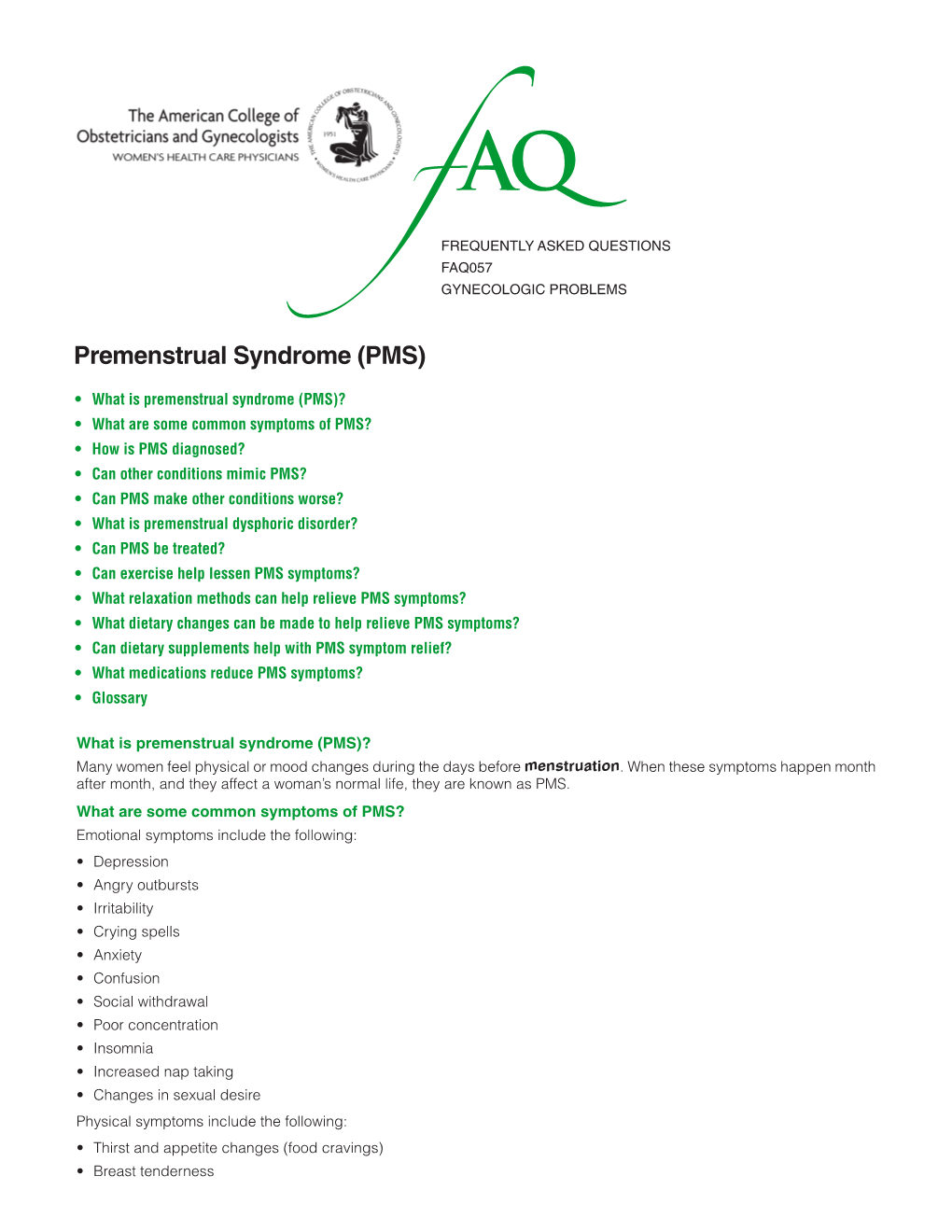FAQ057 -- Premenstrual Syndrome (PMS)