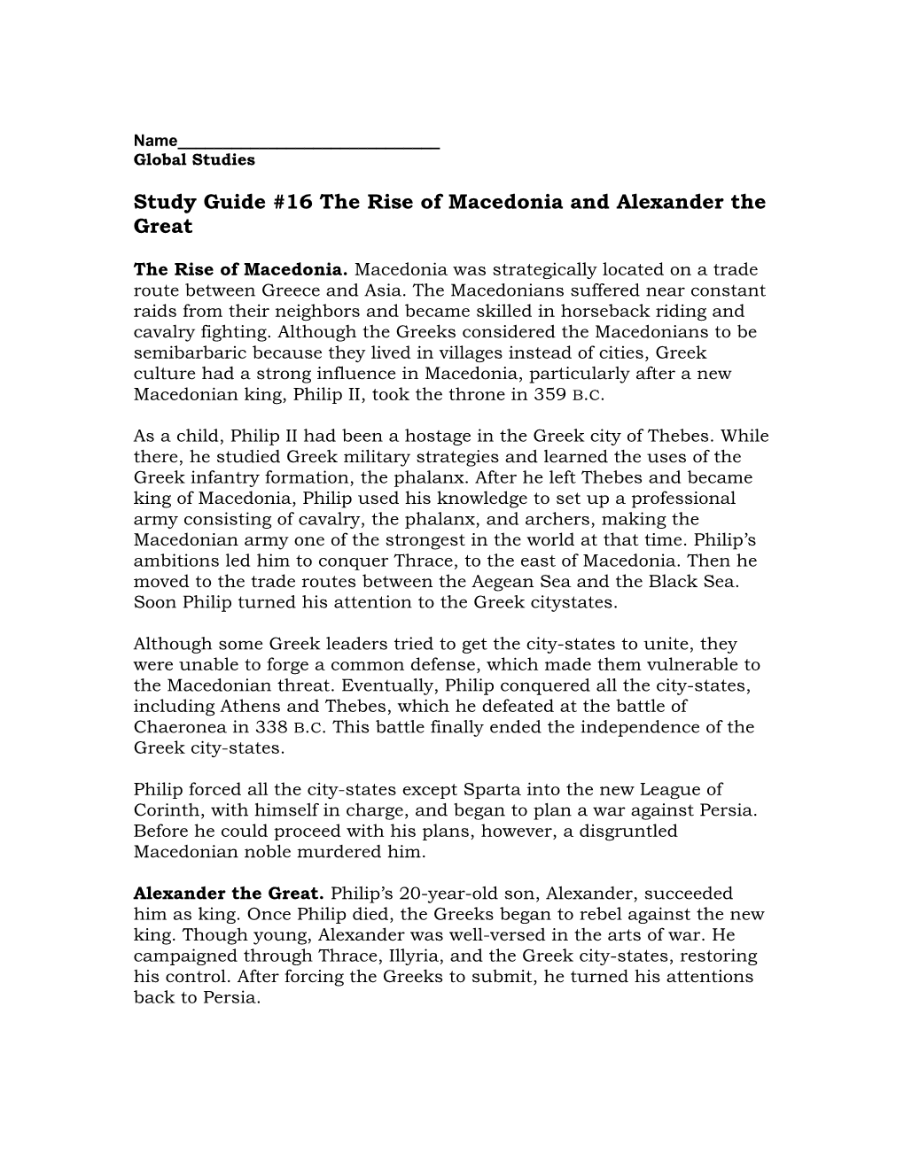 Study Guide #16 the Rise of Macedonia and Alexander the Great