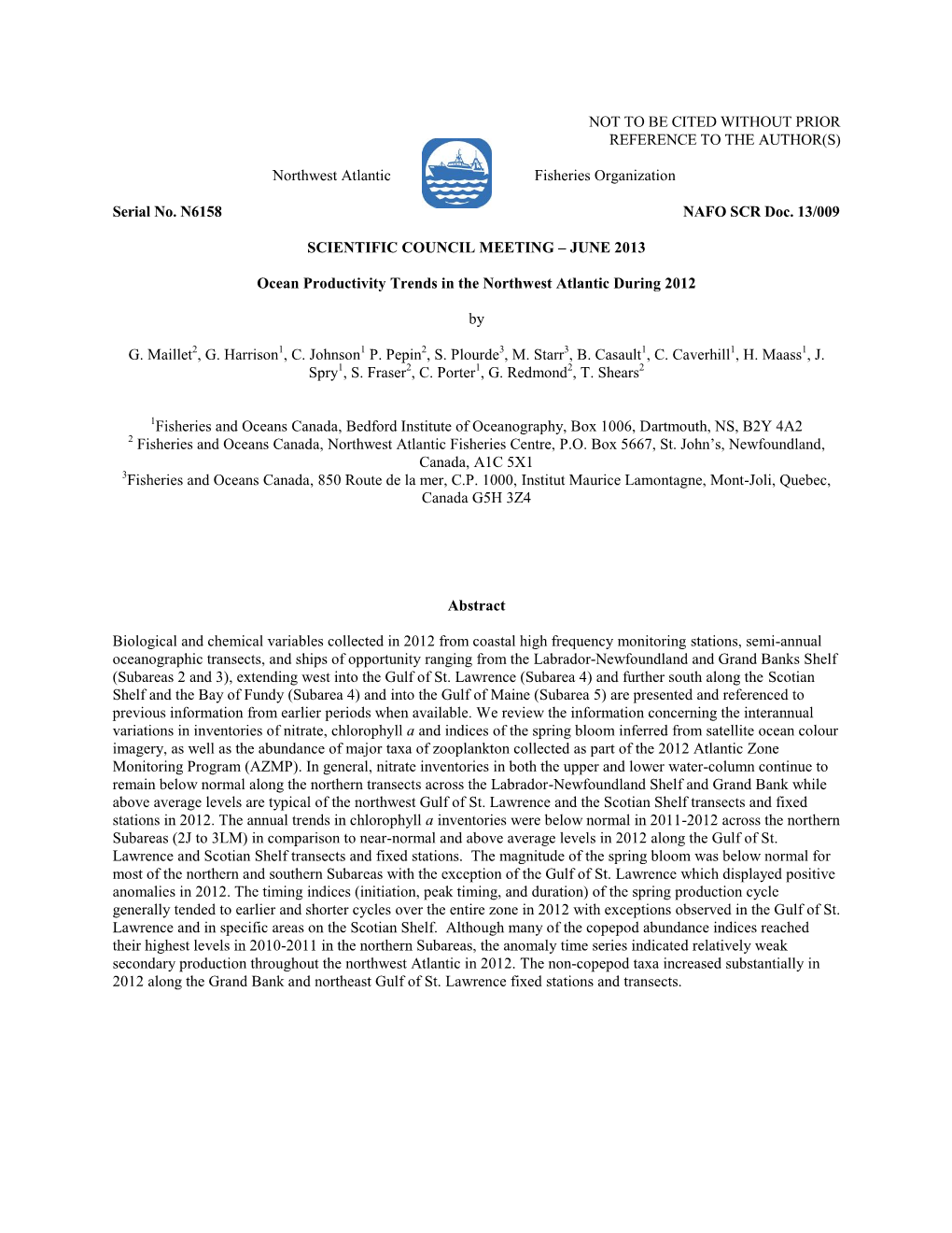 Ocean Productivity Trends in the Northwest Atlantic During 2012