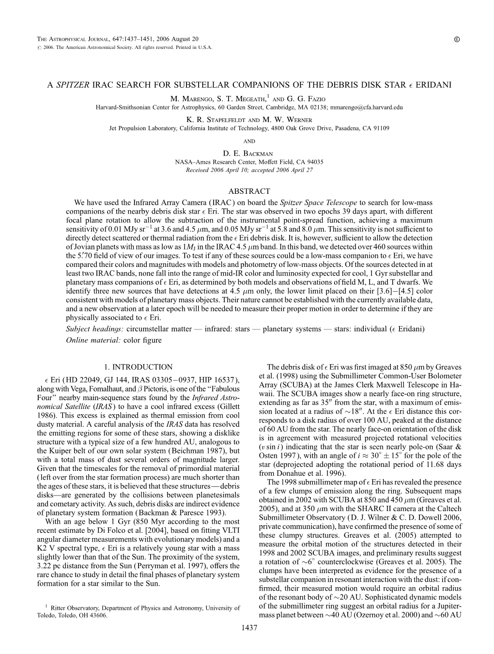 A Spitzer Irac Search for Substellar Companions of the Debris Disk Star  Eridani M