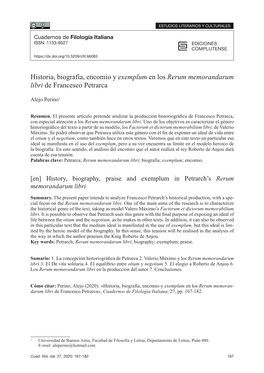 Historia, Biografía, Encomio Y Exemplum En Los Rerum Memorandarum Libri De Francesco Petrarca