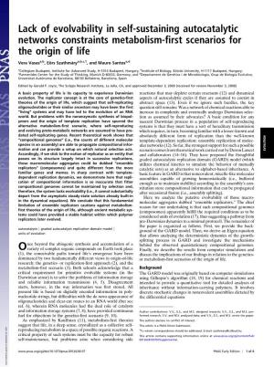 Lack of Evolvability in Self-Sustaining Autocatalytic Networks Constraints Metabolism-ﬁrst Scenarios for the Origin of Life