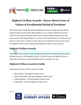 Highest Civilian Awards - Know About Cross of Valour & Presidential Medal of Freedom!