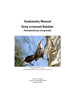Husbandry Manual Grey-Crowned Babbler Pomatostomus Temporalis