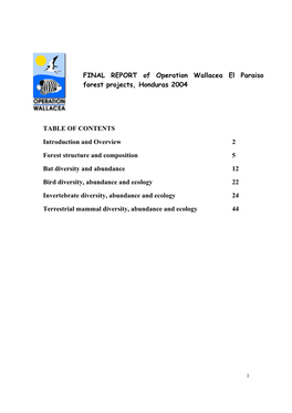 FINAL REPORT of Operation Wallacea El Paraiso Forest Projects, Honduras 2004
