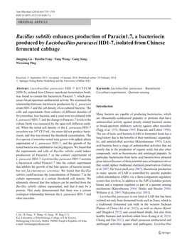 Bacillus Subtilis Enhances Production of Paracin1.7, a Bacteriocin Produced by Lactobacillus Paracasei HD1-7, Isolated from Chinese Fermented Cabbage