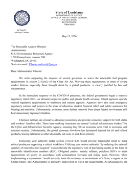 U.S. Attorney Generals' Letter to EPA Re RFS Waiver Requests