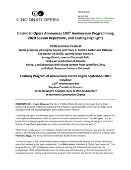 Cincinnati Opera Announces 100Th Anniversary Programming, 2020 Season Repertoire, and Casting Highlights