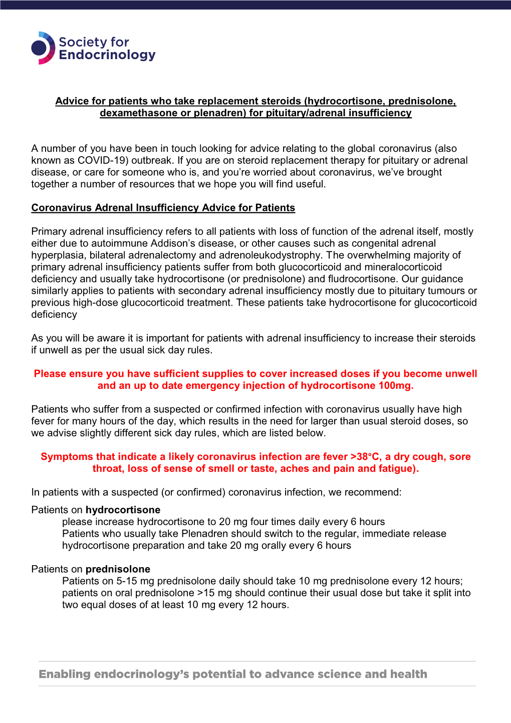 Advice for Patients Who Take Replacement Steroids (Hydrocortisone, Prednisolone, Dexamethasone Or Plenadren) for Pituitary/Adrenal Insufficiency