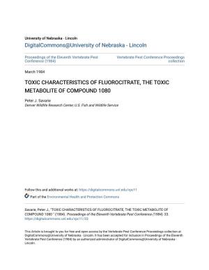 Toxic Characteristics of Fluorocitrate, the Toxic Metabolite of Compound 1080