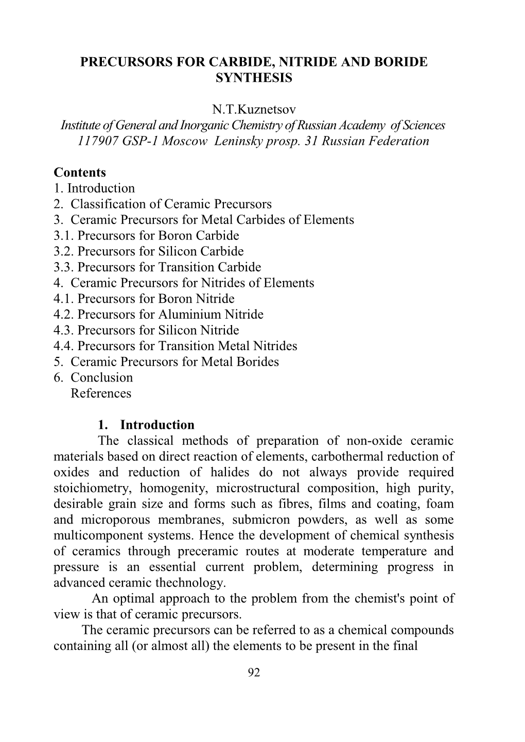 Precursors for Carbide, Nitride and Boride Synthesis