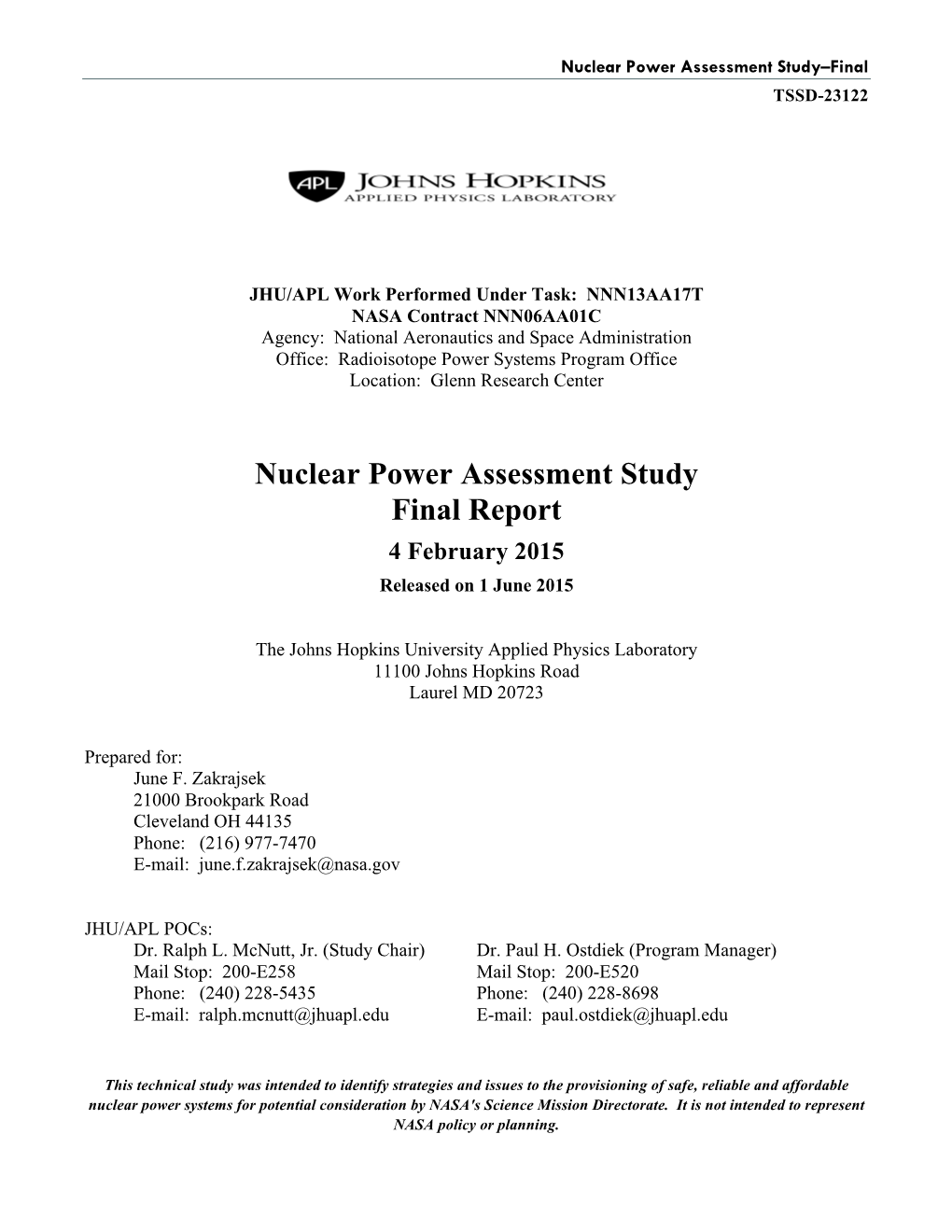 Nuclear Power Assessment Study–Final TSSD-23122