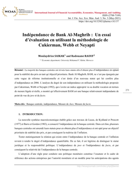 Indépendance De Bank Al-Maghrib : Un Essai D'évaluation En Utilisant La Méthodologie De Cukierman, Webb Et Neyapti
