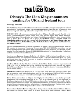 Disney's the Lion King Announces Casting for UK and Ireland Tour