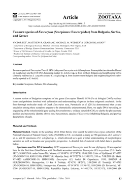 Two New Species of Euscorpius (Scorpiones: Euscorpiidae) from Bulgaria, Serbia, and Greece