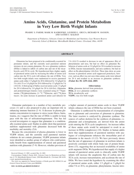 Amino Acids, Glutamine, and Protein Metabolism in Very Low Birth Weight Infants