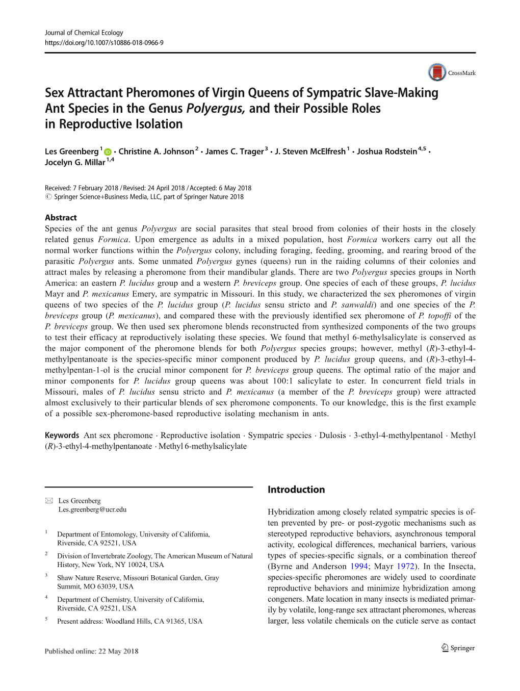 Sex Attractant Pheromones of Virgin Queens of Sympatric Slave-Making Ant Species in the Genus Polyergus, and Their Possible Roles in Reproductive Isolation