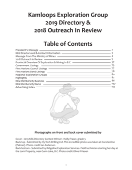 Kamloops Exploration Group 2019 Directory & 2018 Outreach in Review Table of Contents