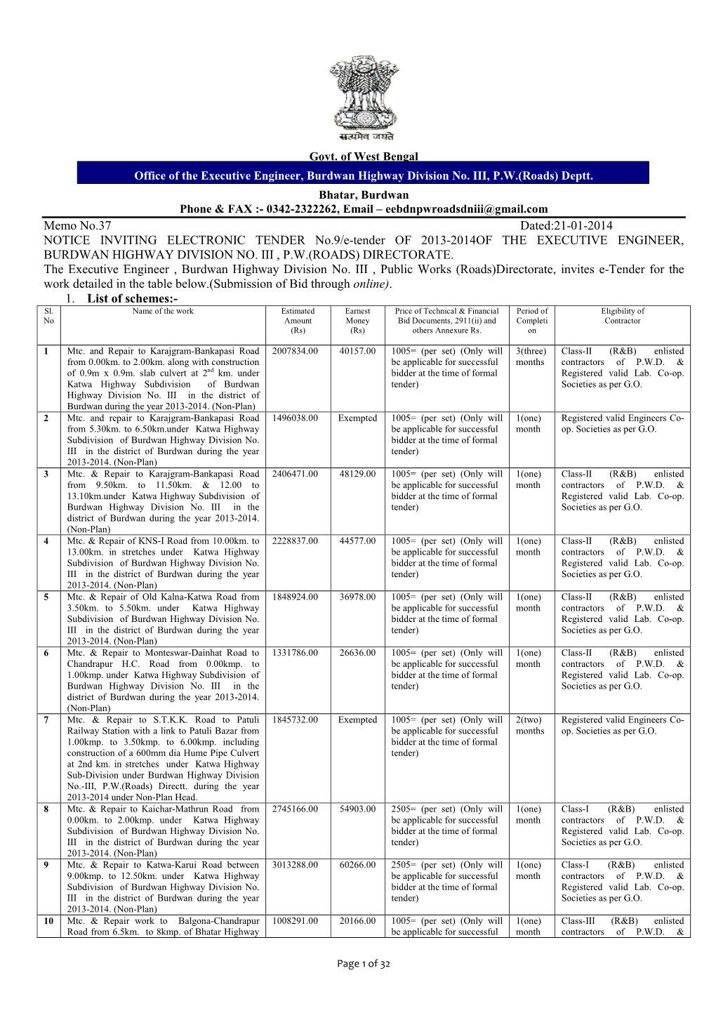 Memo No.37 Dated:21-01-2014 NOTICE INVITING ELECTRONIC TENDER No.9/E-Tender of 2013-2014OF the EXECUTIVE ENGINEER, BURDWAN HIGHWAY DIVISION NO
