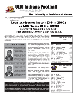 ULM Indians Football a Member of the Sun Belt Football Conference the University of Louisiana at Monroe