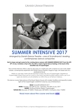 SUMMER INTENSIVE 2017 Arranged by Danish Dance Theatre – One of Scandinavia’S Leading Contemporary Dance Companies