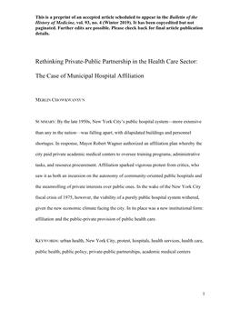 Rethinking Private-Public Partnership in the Health Care Sector: The