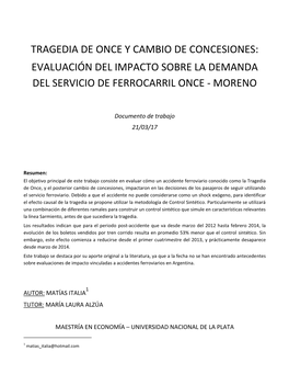 Tragedia De Once Y Cambio De Concesiones: Evaluación Del Impacto Sobre La Demanda Del Servicio De Ferrocarril Once - Moreno